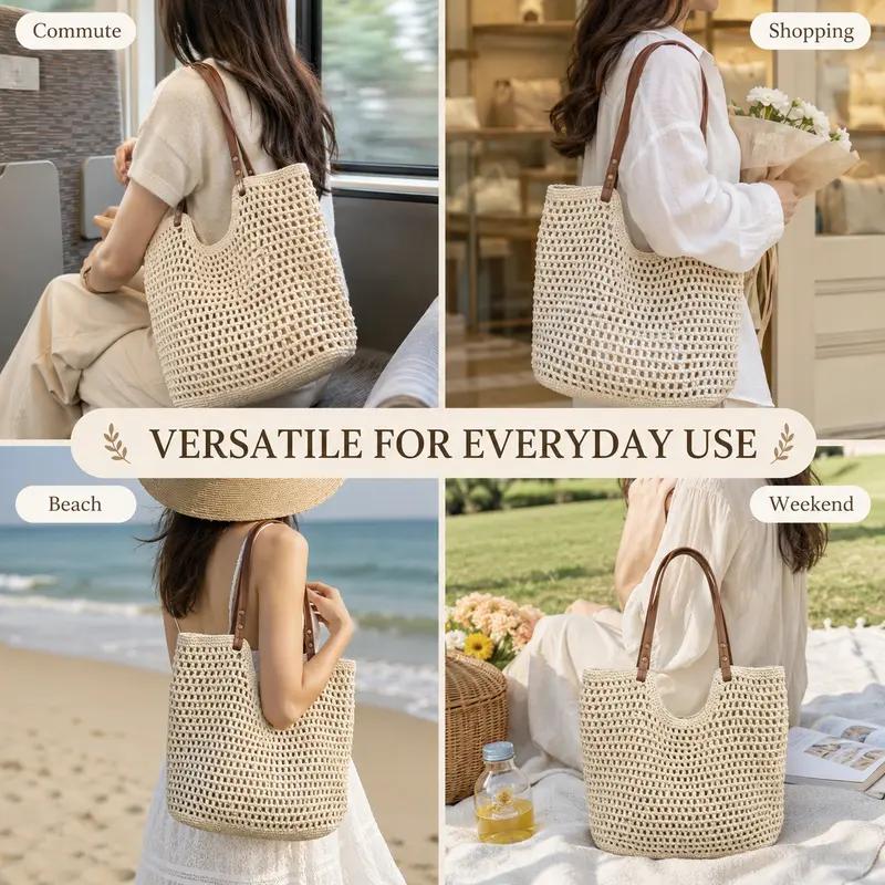 Crochet Tote Bag for Women, Hollow Out Knitted Mesh Shoulder Bag with Faux Leather Handles, Summer Beach Bag, Boho Woven Purse for Travel, Vacation, Shopping & Daily Use, Lightweight Casual Tote, Everyday Carry Bag
