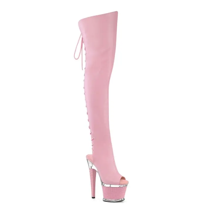 Pleaser Open Toe Thigh High Boots with Side Zipper Closure & Lace Up Back