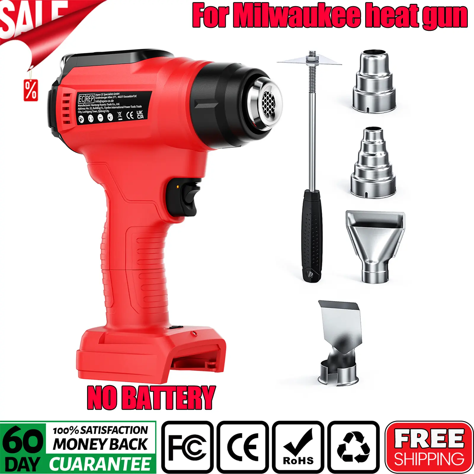 Cordless Heat Gun Compatible with For Milwaukee 18V Battery Max 350W 122F-990F Fast Heating Hot Air Gun Heat Gun for Crafts, Shrink Tubing, Resin & Decorating Tool Portable（no battery）