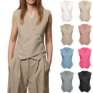 FMEYOA Womens Waistcoat Vest Sleeveless Blazers V Neck Button Up Asymmetrical Hem Work Office Suit Vests