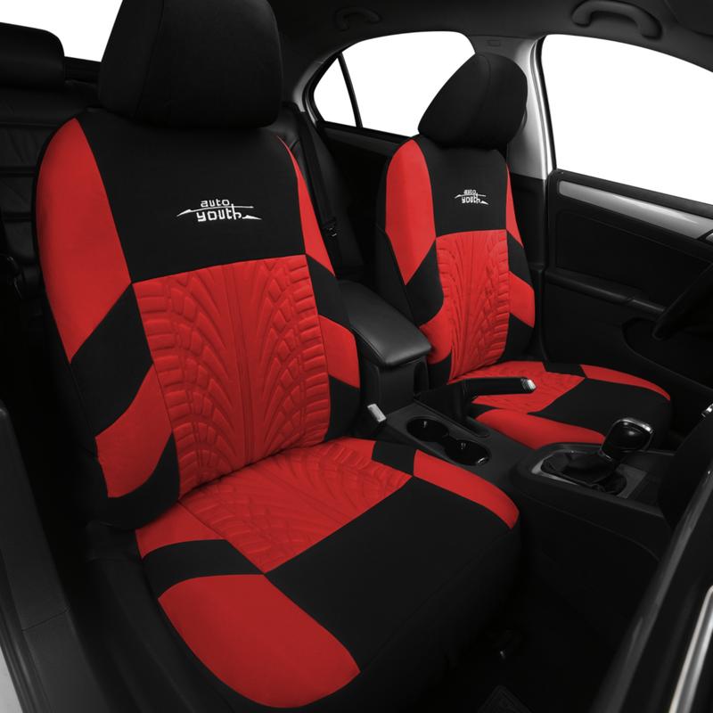 Car Seat Covers for 5 Seats Universal, Fabric Breathable Car Front & Rear Seat Protectors, with Tire Track Details, Airbag Compatible, Full Protection, Fits Most Cars Trucks Vans SUVs, Red Vehicle Seat Covers, Truck Accessories, Car Interior Accessories
