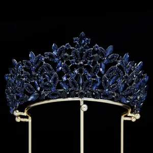 Luxury Blue Crystal Wedding Crown Bridal Headwear Brithday Party Rhinestone Diadem Headband Handwork Headpiece for Women Tiaras