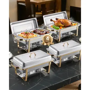 VEVOR C8 Qt 4 Pack Rectangle Chafing Dish Buffet Set Full-Size & Half-Size Pans Gold