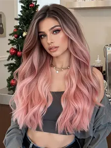 24 Inch Dark Root Dyed Synthetic Wig With Bangs, Soft Fiber, Comfortable Puffy Feel, Natural Look, Suitable for Festivals, All Seasons, Kinky Curly Wig