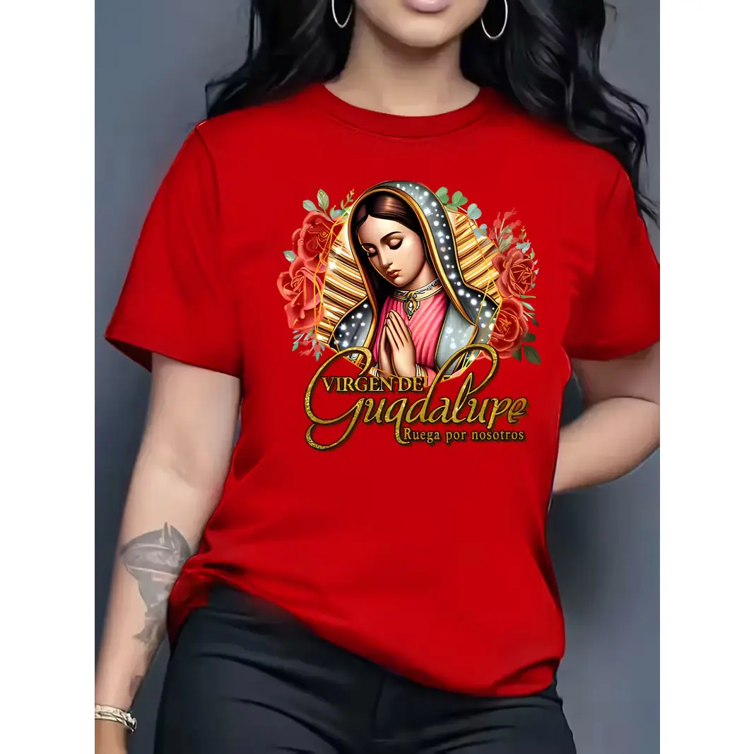 Women's Short Sleeve T-Shirt 100% Cotton Vibrant Red Virgen De Guadalupe Graphic Tee 10 Colors Available Stylish Comfortable Casual Daily Wear Religious Festival Outfit Trendy Top for Ladies Womenswear Medium boho t shirts for women
