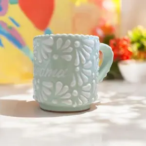 Grandma Mug Talavera Pottery, Mug green Flower Tea Home, Cafe Decor Desk Tableware Pottery, Handmade Coffee Tea Cups