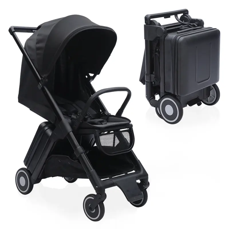 Mult-functional Luggage-style Carry-on Pocket Stroller, Portable Suitcase Accessory,Kids Ride-on Luggage with Seat,Foldable Stroller with Storage Basket and Wheels, Black Color, Compact Design for Easy Transport