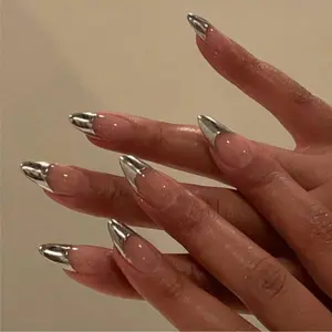 24pcs Medium Almond Silver Color Press-On Nails, Glossy Acrylic False Nails, Almond Fake Nails, Almond Shape Nails, Perfect for Women & Girls, Daily Use, Learning, Parties