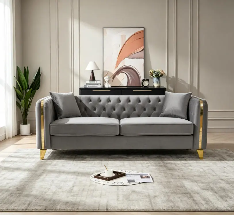 Chesterfield Velvet Button-Tufted Sofa Couch with Gold Stainless Steel Leg Accents, Indoor Living Room Furniture for Home Office