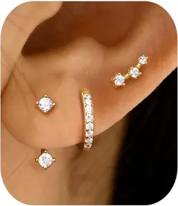 14K gold-plated hoop earrings set, small stacking earrings, suitable for sensitive ears, no fading, exquisite silver earrings