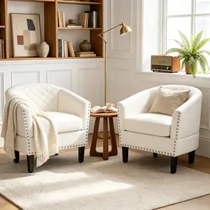 Faux Leather Barrel Accent Chair, Modern Upholstered Tub Chair with Quilted Backrest, Nailhead Trim, Thick Cushion and Solid Wood Legs, Comfy Club Chair for Living Room, Bedroom, Reading Nook, Vanity Area tiktokshopspringglowup