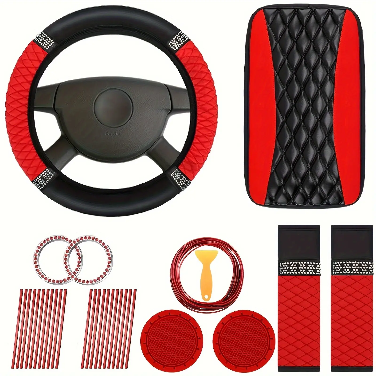 30-Piece PU Foam Leather Car Interior Kit with Rhinestone Accents, Including Steering Wheel Cover, Shoulder Protectors, Starter Ring, Coaster Decorative Strip & More Automotive Interior Accessories