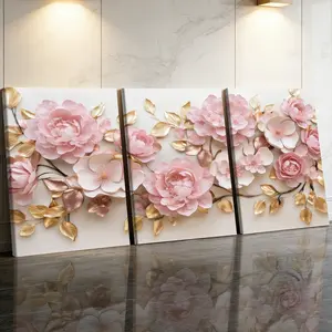 3 Counts Wooden Framed Canvas Painting, Elegant Pink Peony Floral Images, Exquisite Artistic Poster, Perfect Gift, Decor For Living Room, Bedthroom, Modern Art, Fashion Family Poster, Wall Art Decoration