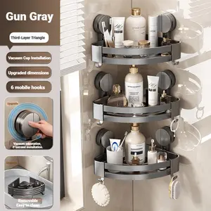(Attention:  Installation Video and Environment)Gun Gray Aluminum Corner Shower Caddy with Strong Suction Cups, No-Drill Installation, Rustproof Triangular Shelf with Drainage & Hooks for Bathroom Storage