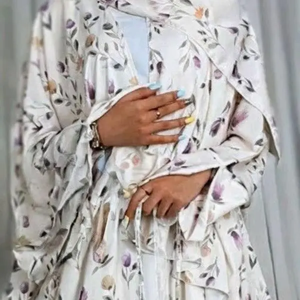 TruModesty! Muslim Fashion Riyaa Floral Elegance 3-Piece Abaya Set with Purple Tulip Print and White Base