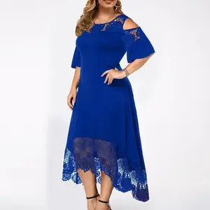 Womens Plus Size Lace Cold Shoulder Casual Long Plain Evening Party Maxi Dress X-5X