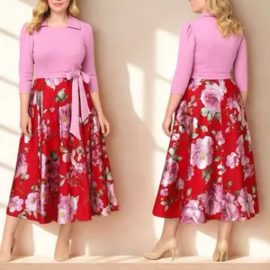 Blush/Red Blossom Midi Dress with Pink Bow Accent and Floral Print