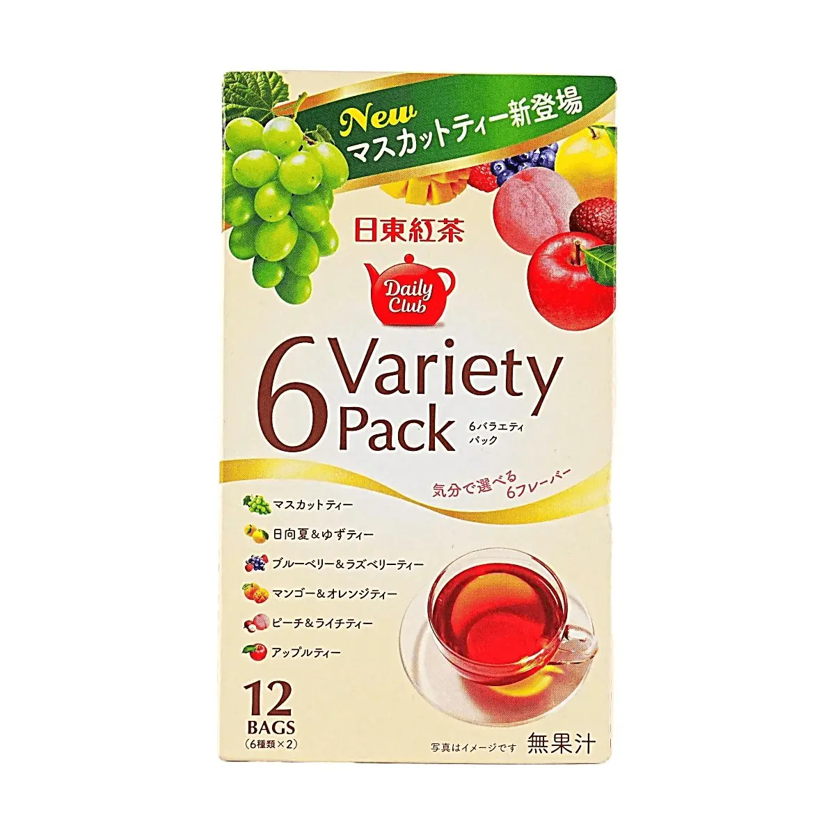 NITTOH TEA 6 Fruit Flavored Black Tea Bags Variety Pack - 12 Count (21g) - Rose Grape, Hyuganatsu Citrus, Blueberry Raspberry, Mango Orange, Peach Lychee, Apple Flavors