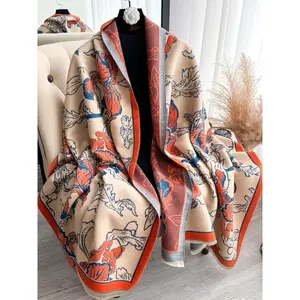 Women's Floral Print Double Sided Shawl, Elegant Soft Warm Long Scarf for Fall & Winter, Fashion Accessories for Women & Girls