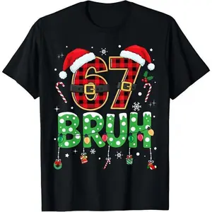 Most Likely To Say 67 Christmas T-Shirt - Festive Black Tee Featuring a Santa Hat, Candy Canes, and Christmas Lights, Perfect for Holiday Gatherings and Gift Giving - Comfortable Crew Neck Design, Great for Celebrating the Season with Friends and Family