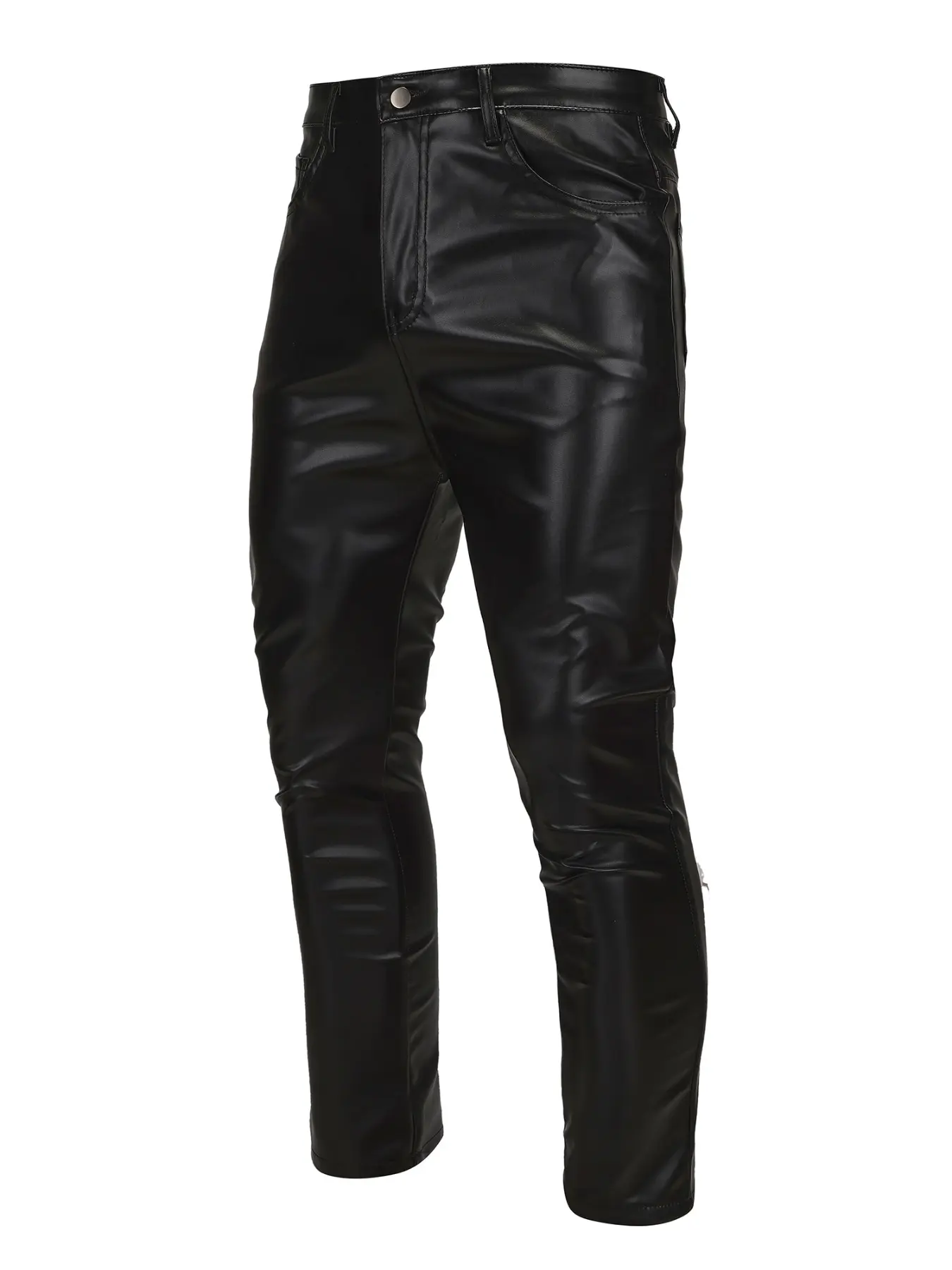 Men's Solid Color PU Leather Pants, Tight Fit Street Fashion, Casual Comfortable Pocket Long Pants, All Seasons Daily Wear, Casual Fitted Trousers, Casual Fitted Bottoms, Casual Comfy Pocket