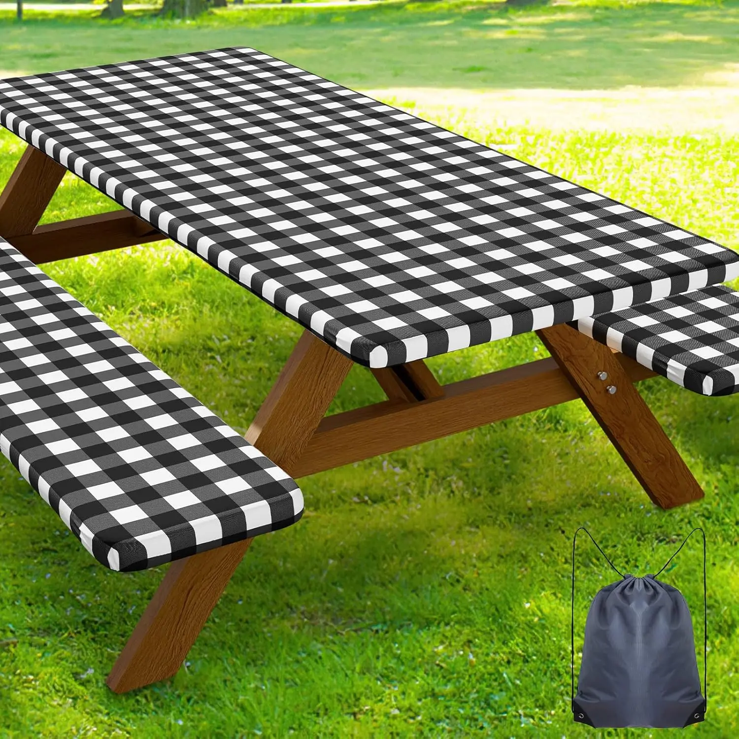 Black & White Elastic Fitted 6FT (30"x72") Picnic Table Cover with Bench Covers - Waterproof, Washable Buffalo Plaid Rectangle Tablecloth for Dining, Camping