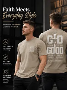 Men’s Sand God Is Good Graphic T-Shirt Faith Statement Back Print Short Sleeve Neutral Casual Summer Tee