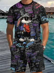Bugs Bunny Graffiti Men's 3D Digital Printing Two-Piece Set, 2Pcs, Trendy and Fashionable Set, Trendy Vintage Retro Casual Two-Piece Set, Vacation-style Trendy Outfit, Breathable Sports and Casual Style, a Perfect Holiday Gift for Men