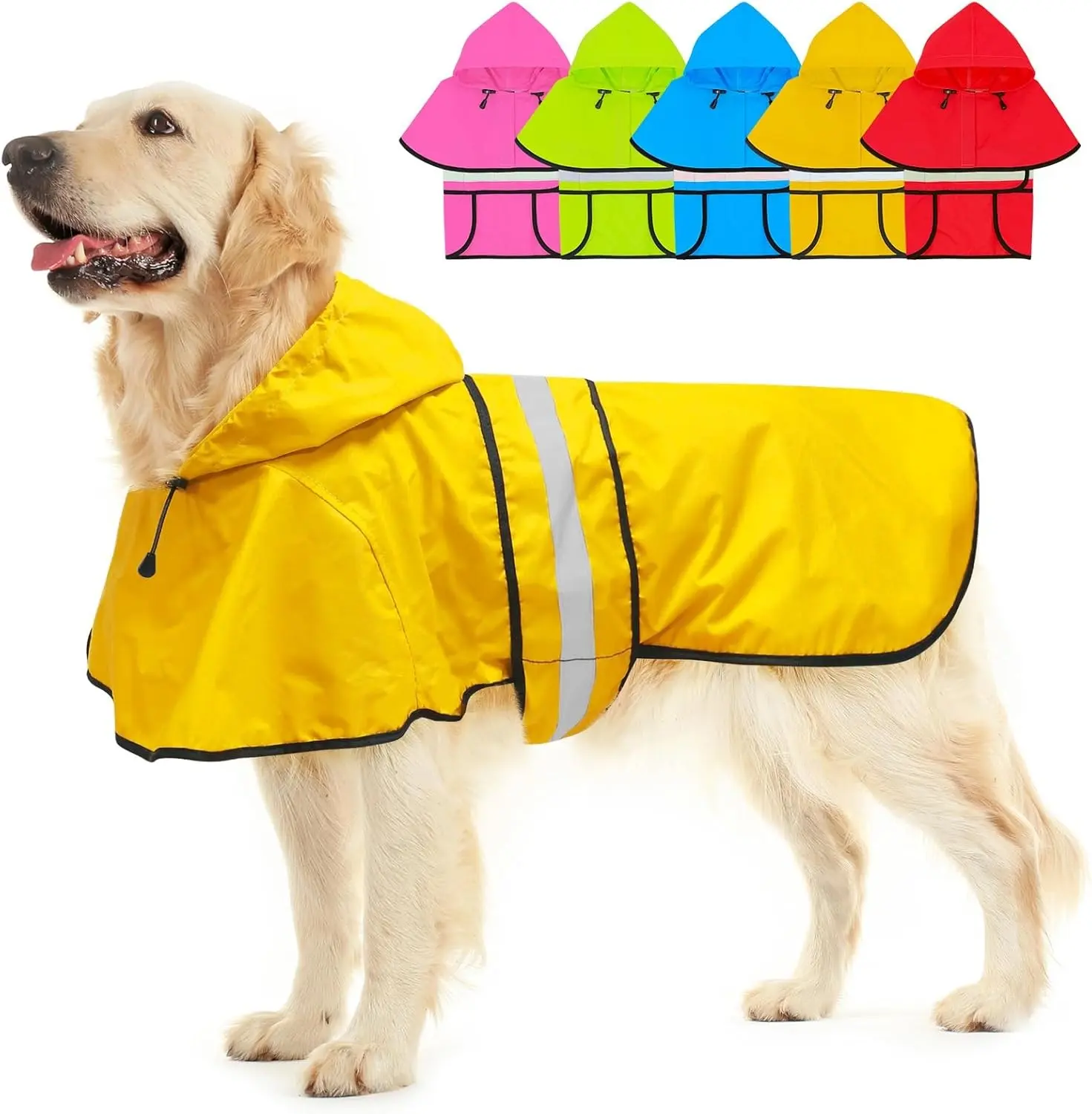 Hooded Reflective Dog Raincoat Lightweight Waterproof Rain Jacket for Large Dogs (X-Large, Yellow)