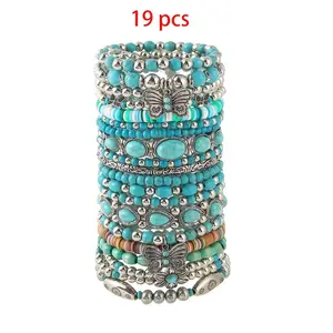 19Pcs Bohemian-Style Synthetic Turquoise Bracelets, Designed for a Fashionable Western Look. These Elastic, Stackable Additions Are Ideal for Parties, Holidays, Music Festivals, And Everyday Wear for Men, Women, And Couples
