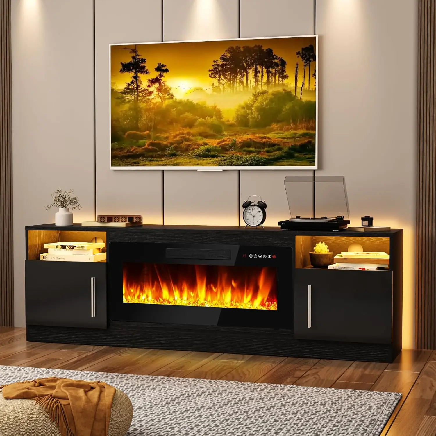 【2 Packages Shipping】Fireplace TV Stand Entertainment Center with Fireplace, Wooden TV Stand for TVs Up to 80",Media TV Console with High Gloss Storag