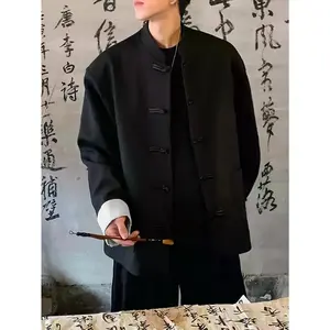 Men's Black Tang Suit Jacket - Stand Collar Polyester, Lightweight Comfort, Spring/Autumn Casual Traditional Wear Clothes Menswear Gamis Bestie