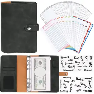 A6 Binder, Soft PU Leather Notebook Binder Cover with 16 Pockets, 12 Budget Sheets, 4 Letter Sticker Labels (Black)