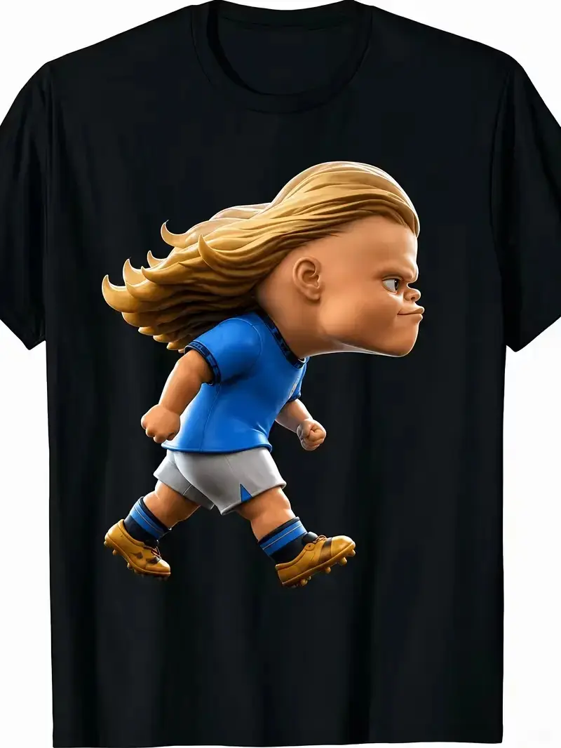 Men's Thick Cotton Graphic T-Shirt featuring a Funny Chibi Haaland Soccer Print, Oversized Streetwear Fit with a Smooth Crew Neck Top