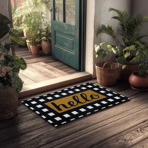 Checkerboard ‘Hello’ Crystal Velvet Doormat - Stylish Entryway Greeting