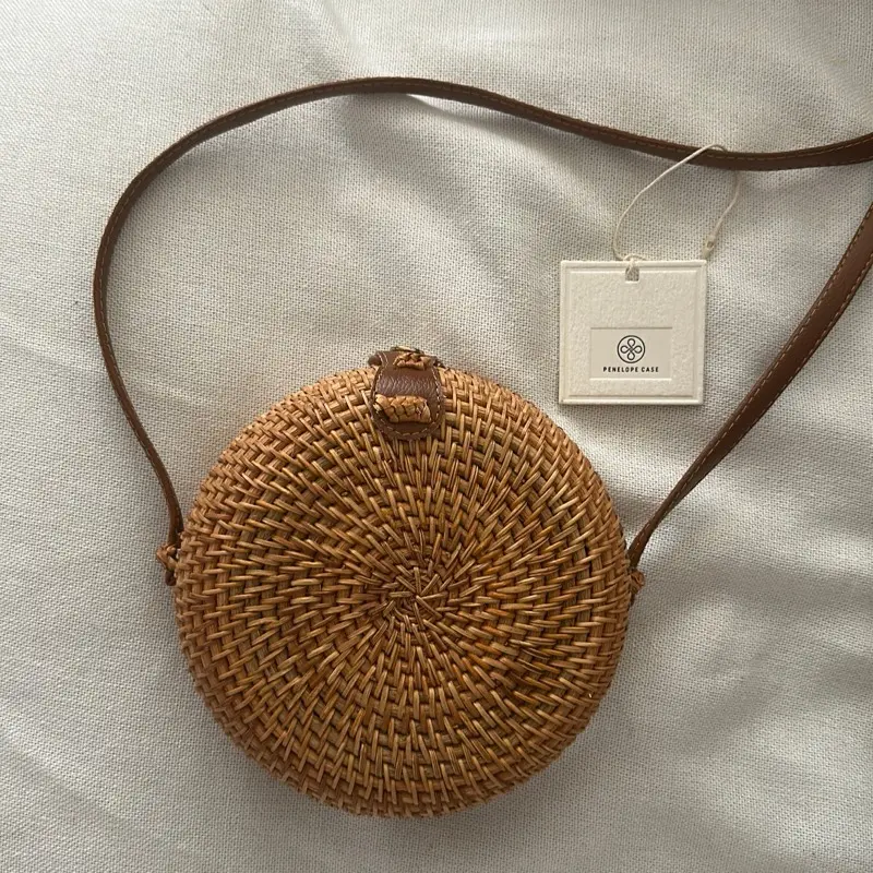Ollie Bag - Woven Rattan Vegan Purse with Brown Strap & Round Design Random Color Interior Brown or Navy