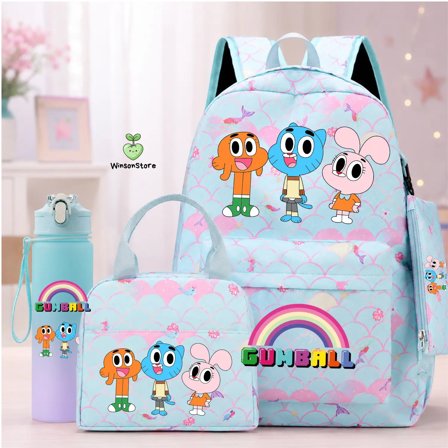 Kids' Cat and Fish Gumball Blue Mermaid Scale School Backpack 4PCS Set, Large Capacity Bundle with Lunch Bag, Pencil Case & Water Bottle, Functional Travel Backpack
