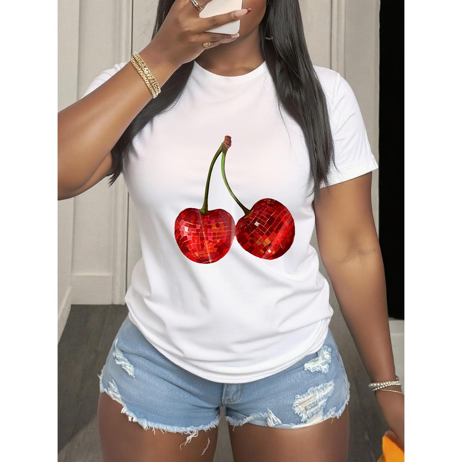 Women Casual Summer Top with Cherry Fruit Graphic Print Women Casual Summer Top with Cherry Fruit Graphic Print