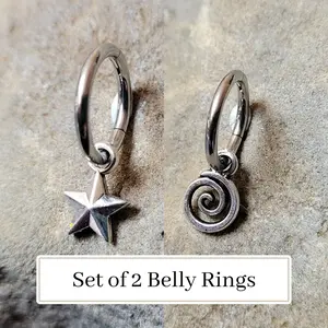 2 Belly Rings Star Swirl Spiral Goth Silver Tiny Hoop Clicker charms Y2K Hippie Boho navel button piercing jewelry set alt 14g 16g gauge men