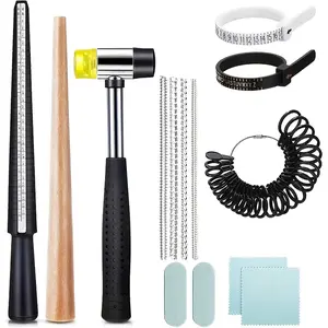 14-Piece Ring Sizer Set with Core Rods, Us & Uk Sizes 1-13, Includes Jewelry Hammer, Polishing Cloth, Measuring Sticks