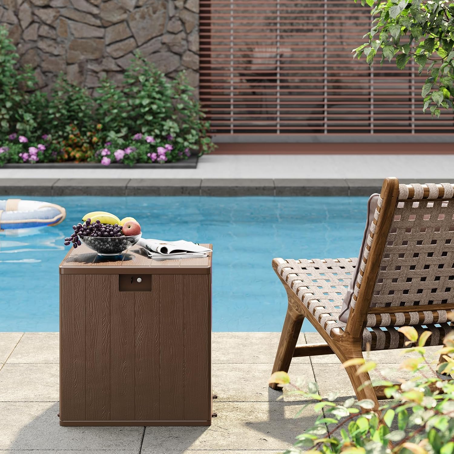 28 Gallon Deck Box, Waterproof Outdoor Storage Box with Lockable Lid, Heavy-Duty Resin Patio Furniture Cushion Storage Container for Garden, Backyard and Poolside