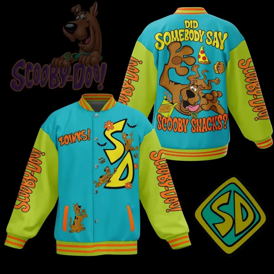 Scooby Snacks Cartoon Great Dane Dog Scooby-Doo Letter SD Monogram Graphic Print Varsity Jacket Casual Loose Fit Button Down Outerwear Sporty Street Style Coat For Fall Winter Spring