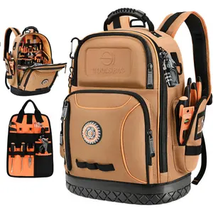 Tool Bag Backpack, 75 Pockets & Loops Canvas Heavy Duty Tools Organizer Bags/HVAC Tool Carrier for Eelectrician/Construction Work with Molded Base and Combination Lock - Brown