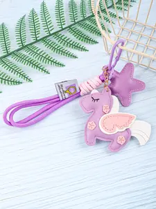 PU Leather Unicorn Keychain, Flying Horse Charm with Star Pendant, Braided Nylon Wrist Strap, Cute Pastel Bag Charm, Elegant Accessory for Women