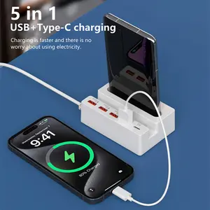 One Multifunctional Charger Featuring Three USB Ports And One Type-C Port, Equipped with a Built-In Stand And Amplifier for Fast Charging, a 65W Power Strip with USB Connections, a Compact Design Suitable for Smartphones And Tablets