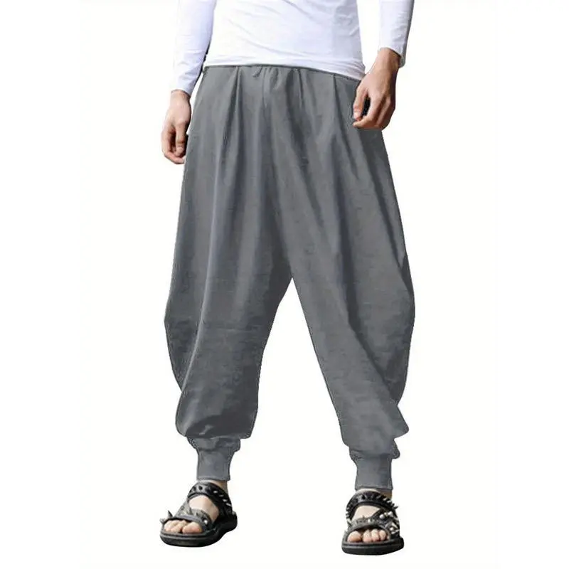 Men's Hippie Harem Pants Loose Linen Bohemian Style Yoga Casual Low-Crotch Trousers