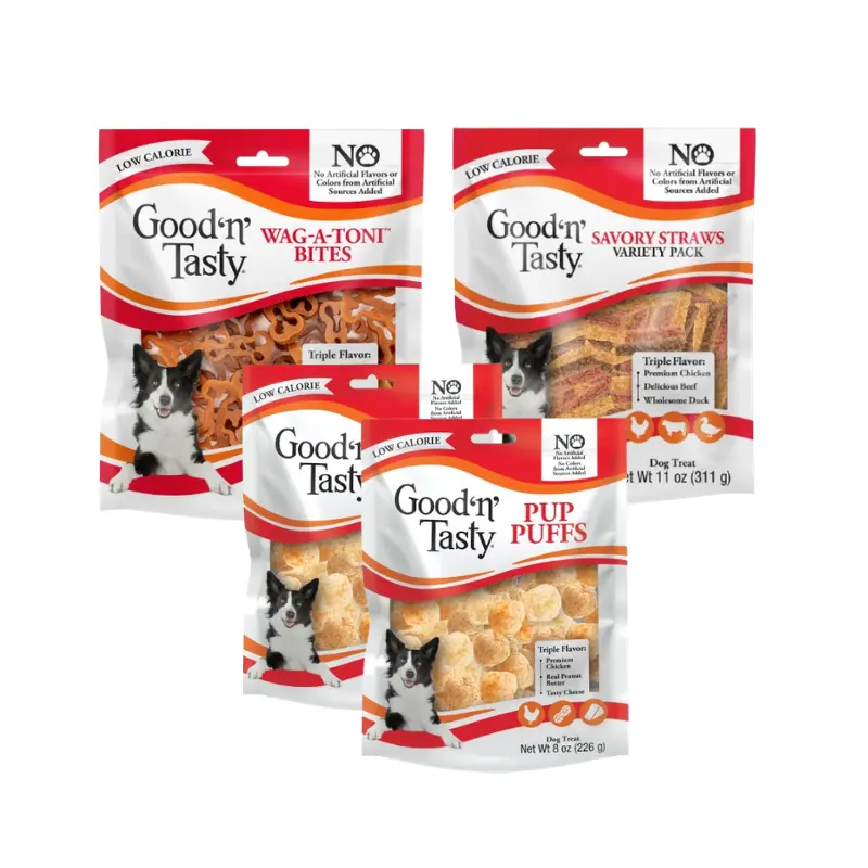 Good ’n’ Tasty Low-Calorie Dog Treats 4-Pack Bundle – 2 Pup Puffs 8 oz, 1 Wag-a-Toni(TM) Bites 12 oz & 1 Savory Straws 11 oz
