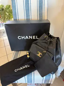 Pre-owned CHANEL Leather Backpacks Vintage Backpack and Pouchette Black Caviar with 24k Gold Hardware Stunning Condition
