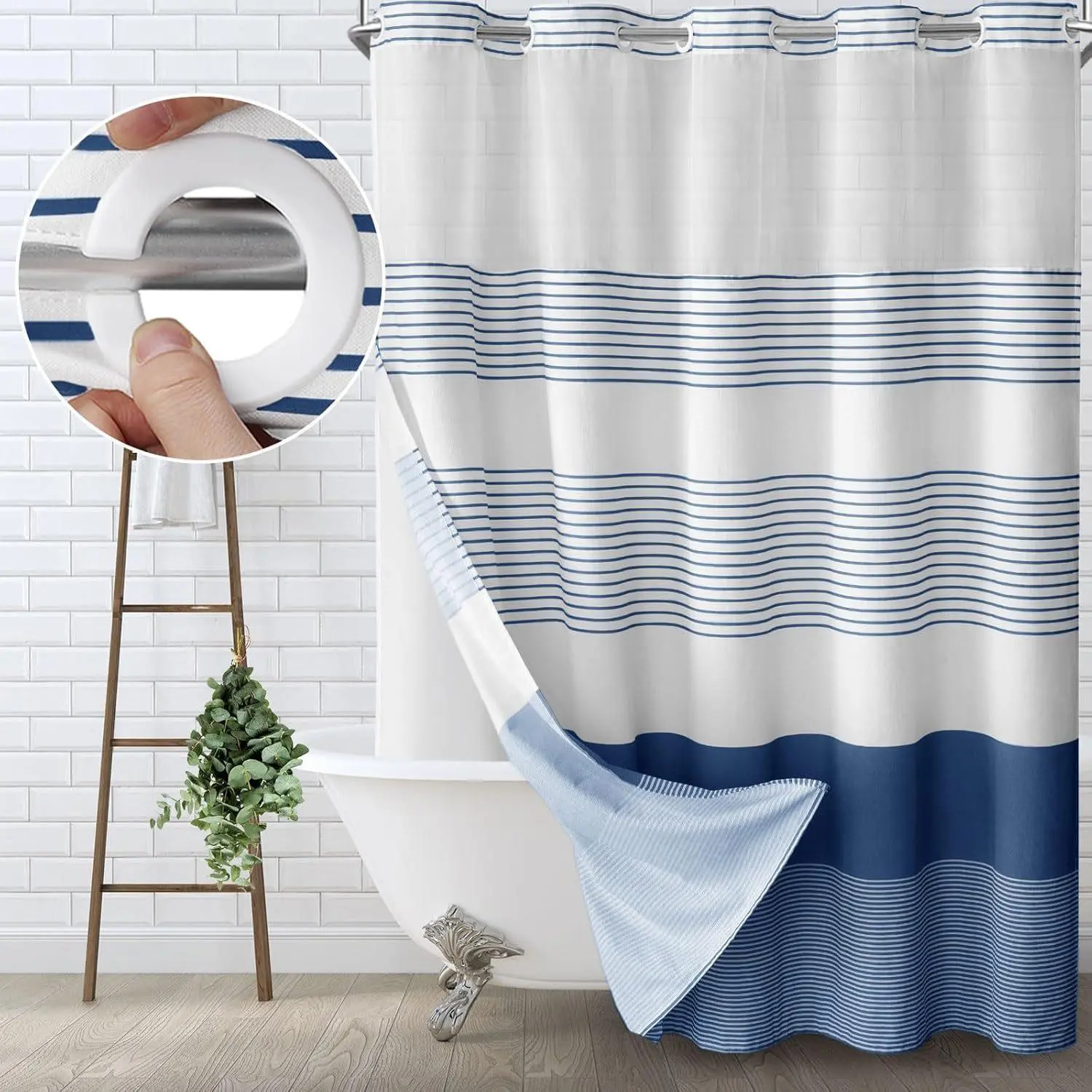 Blue striped geometric double-layer hookless shower curtain with sheer top window, hook-free design, easy installation, suitable for farmhouse style, hotels, and modern home décor, 72 × 75 inches