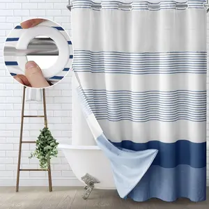 Blue striped geometric double-layer hookless shower curtain with sheer top window, hook-free design, easy installation, suitable for farmhouse style, hotels, and modern home décor, 72 × 75 inches